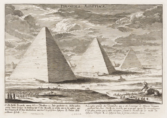 Stich der mehrere Pyramiden von Gizeh zeigt. Dazwischen sind Sphingen zu sehen