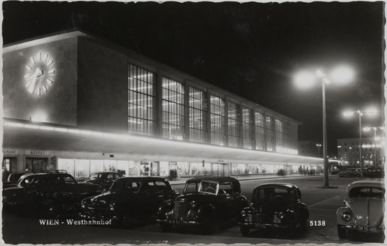 Ansichtskarte: Der neue Westbahnhof bei Nacht