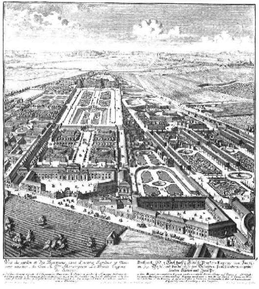 Salomon Kleiner, Das Schloss Belvedere und seine Gartenanlagen aus der Vogelschau, 1735